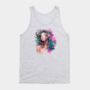 Boho Chic Goddess, Enchanting Feather Headdress Woman (Teal, Pink, and Gray) Tank Top